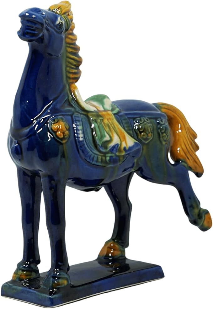 Handmade -Tang Dynasty Tri-Color Horse Sculpture Ceramic Horse-19cm Cultural Art Piece for Home,Bookcase or Office Decor (Blue)
