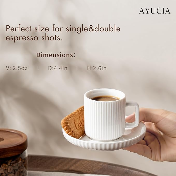 2.5OZ Espresso Cups Set of 4, White Cream Ceramic Demitasse Espresso Mugs with Saucers, Small Coffee Cups for Single/Double Espresso Shots