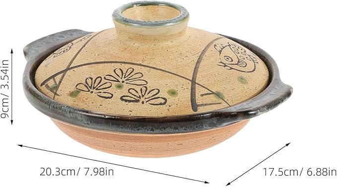 Hemoton Japanese Ceramic Donabe Pot, 7.99 Inch Brown Clay Casserole with Lid, Heat-Resistant Stew Pot for Soup, Rice, and Braised Dishes, Fish Grass Pattern for Home Cooking