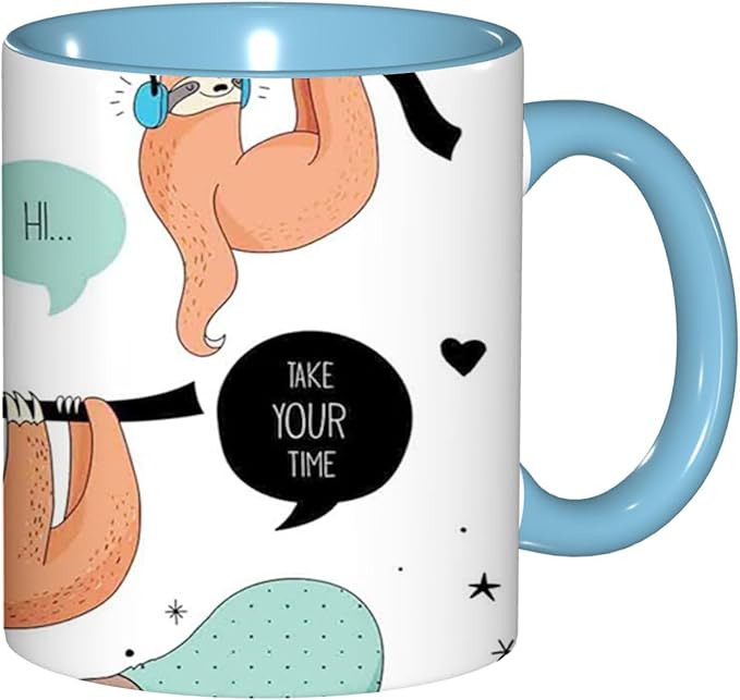 Animal,Ceramic Coffee Mug, Sloths Smiles Sleeping Lazy Does Yoga Words, Funny Tea Cup, 6 Colors to Choose, 11 Oz, Dishwasher and Microwave Safe (Sky blue)