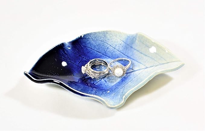 Earthen Vessels Pottery, Handmade, Hydrangea Leaf, Tea Bag Holder, Teaspoon Rest or Ring Dish, Set of 3 in Starry Night Blue