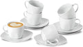 6.5 Ounce Porcelain Espresso Cups and Saucers Set of 6, Ceramic Cappuccino Demitasse Mugs Square Stackable Coffee Cup with Saucer Set for Coffee Drink, Espresso, Latte, Cafe Mocha and Tea Party, White