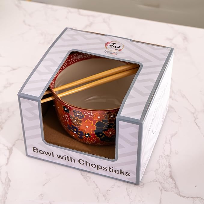Urban Tokyo Handpainted Ceramic Glazed Japanese Ramen Udon Noodle Rice Bowl With Chopsticks 20 fl oz 5 inch Diameter Bowl Sets Color Box Packaging (Red Sakura Cherry Blossoms)