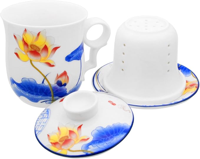 Porcelain Tea Cup with Infuser Lid and Saucer Sets - Chinese Jingdezhen Ceramics Coffee Mug Teacup Loose Leaf Tea Brewing System for Home Office