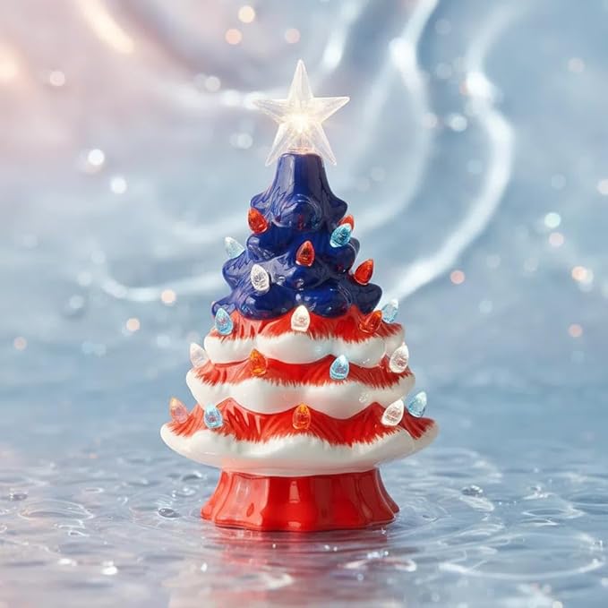 Small Resin Christmas Tree Decor, Tabletop Christmas Tree Star Topper, Holiday Decoration with 40 Multi-Color Lights, Xmas Fall Decorations for Home (Independence)