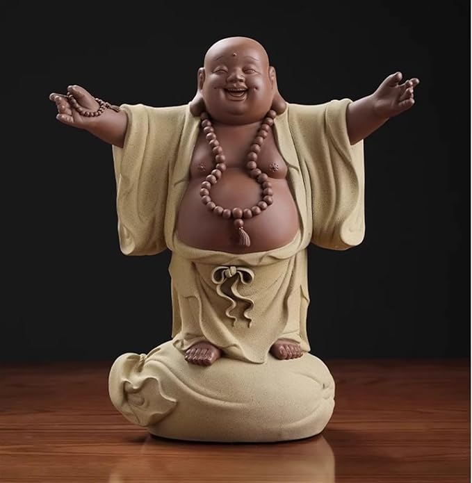 RUVOO Buddha Statue Outdoor, 12.2inch Buddha Statue Ceramics Sculptures Big Belly Happy Laughing Buddha for Home Office Desktop Decor Zen Garden Decor(D)