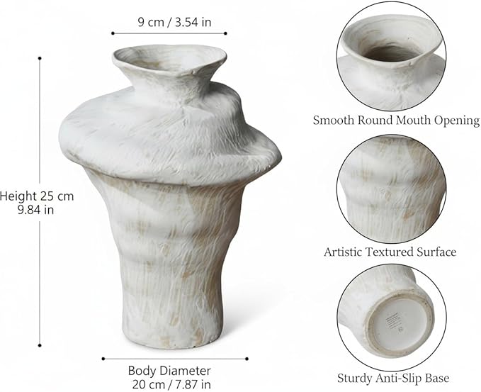Handmade Ceramic Vase – Irregular Sculptural Design with White Textured Finish and Rustic Brush Strokes, Modern Decorative Pottery for Home Decor and Table Centerpiece