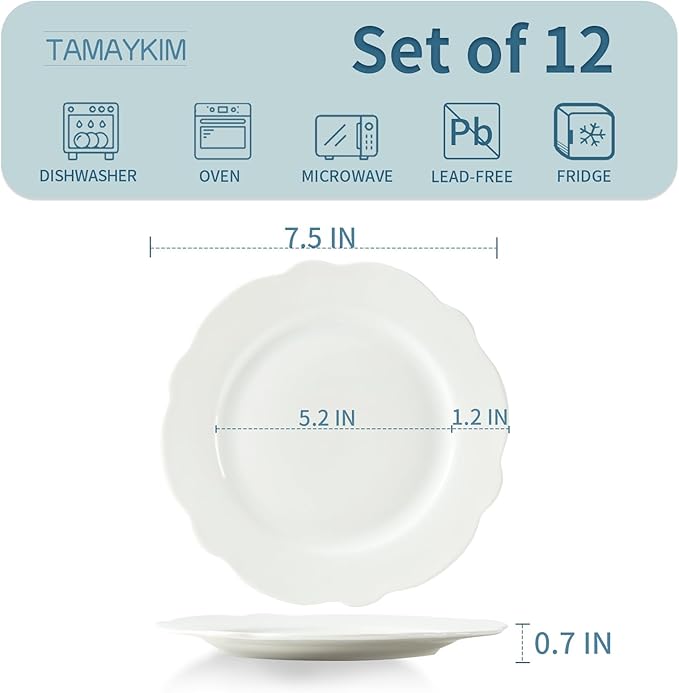 TAMAYKIM 7.5 Inch Porcelain Dessert Plates, Set of 12 - White Lotus Shape with Wavy Rim - Stackable Salad, Bread, Appetizer Serving Dishes, Scratch Resistant, Microwave Oven & Dishwasher Safe