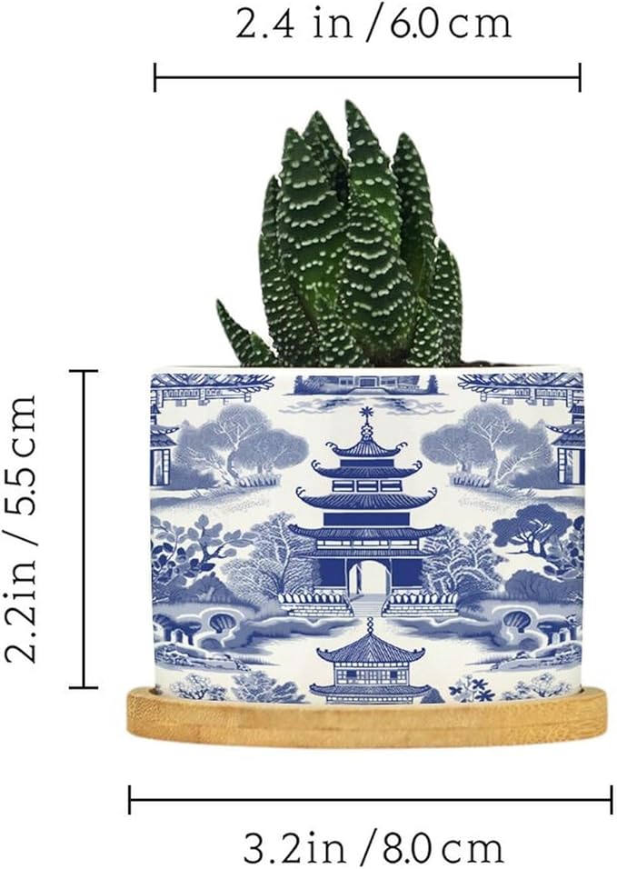 Chinoiserie Blue Asian Planters Ceramic Chinoiserie Chic Asian Round Plant Pot with Drainage Holes and Bamboo Tray Pot for Pots Outdoor Indoor Plants