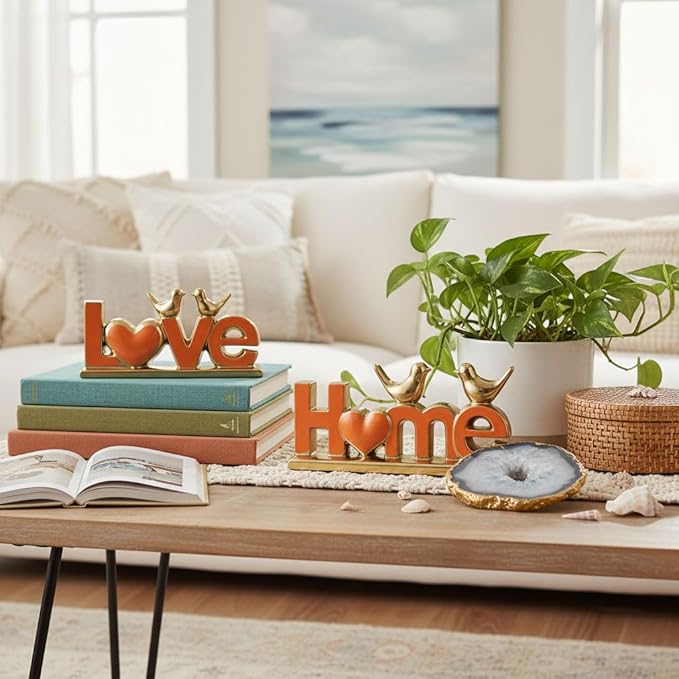 Ceramic LOVE & HOME Sign Decor with Bird Statues Set 2,10" Modern Orange Gold Tabletop Sculptures for TV Stand,Floating Shelf & Entryway,Romantic Wedding & Warm Housewarming Gift Set (Orange)