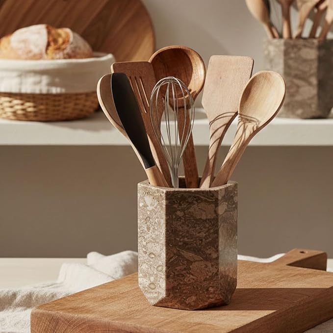 Radicaln Marble Utensil Holder 6.5" Inches Oceanic Handmade Spatula Set for Kitchen Counter, Ideal Cooking Utensils Jar & Kitchens Essentials Organizer, Utensil Caddy & Spoon Holder