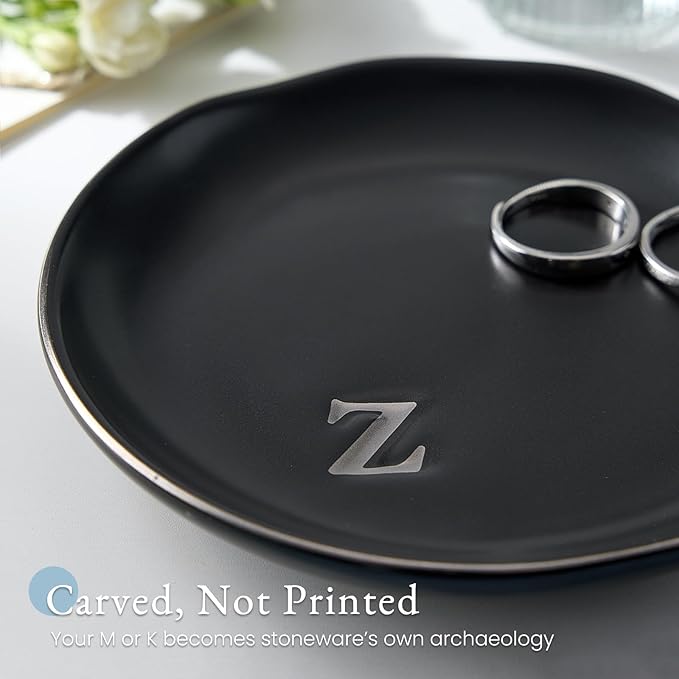 Lolalet Handmade Ceramic Ring Dish Jewelry Tray Plate with Initial, Small Monogram Gift for Her Women Girls Mother, Hostess, Engagement, Bridal Shower, Maid of Honor, Bridesmaid, Birthday, Christmas