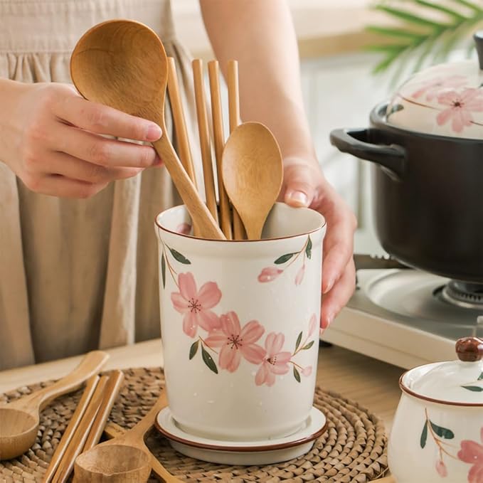 WAIT FLY Sakura Porcelain Kitchen Utensil Holder with Bottom Flatware Storage Organizer Utensil Crock for Countertop Kitchen Counter Decor