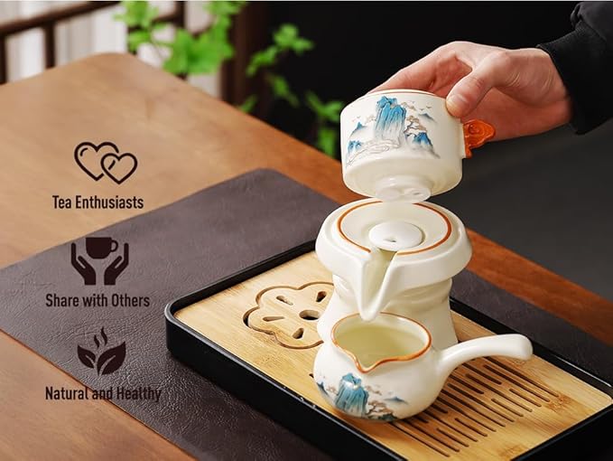 Semi Automatic Tea Set Magic Teapot with 6 cups Japanese Teapot Set,Chinese Gongfu Tea Set Ceramic Teapot with Infuser (Jiangshan-Automatic)