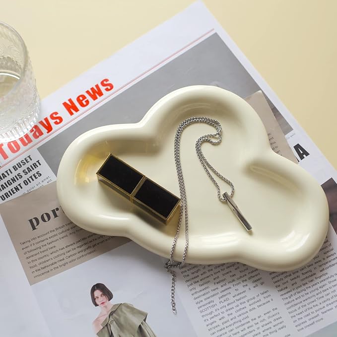 Jewelry Dish Trinket Tray for Women, Ring Dish Holder, Unique Cloud Shape Ceramic Plate Cute Things Vanity Aesthetic Room Decor Mother's Day Birthday (Crème)