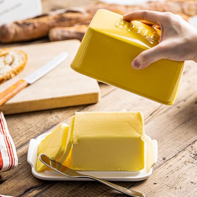 Porcelain Covered Butter Dish with Lid for Countertop Butter Holder Container for One Stick of Butter. Textured Tray Butter Keeper for Non Slip Storage-Yellow