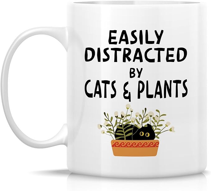 Retreez Funny Cat and Plant Lover Mug - Easily Distracted by Cat and Plants - 11 Oz Ceramic Coffee or Tea Cup - Hilarious Gift for Gardener, Cat Owner, Plant Lady - Birthday, Appreciation Gift For Mom