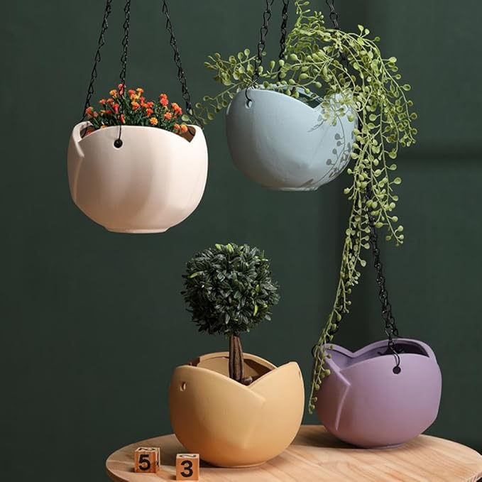 Sizikato Hanging Porcelain Planter, Unglazed Ceramic, Flower Shape, 6 Inch