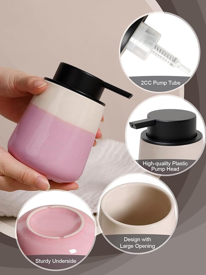 INGOFIN Ceramic Foaming Soap Dispenser - 12oz Foam Hand Soap Dispenser Bathroom, Refillable Modern Dish Dispenser with Pump for Kitchen, Beige and Pink