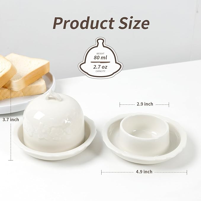 Butter dish, Ceramic Small Butter Dish with Lid, 2025 NEW Original Design Mini Butter Crock Keeper with Handle, 17 OZ Mini Butter Container Cover and Water Sealing 2 Ways Sealing (Flower)