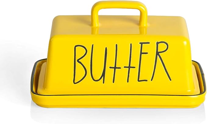 Sweejar Ceramic Butter Dish with Handle Lid, 7.3 Inch Porcelain Large Butter Keeper with Cover, Perfect for East/West Butter (Yellow)