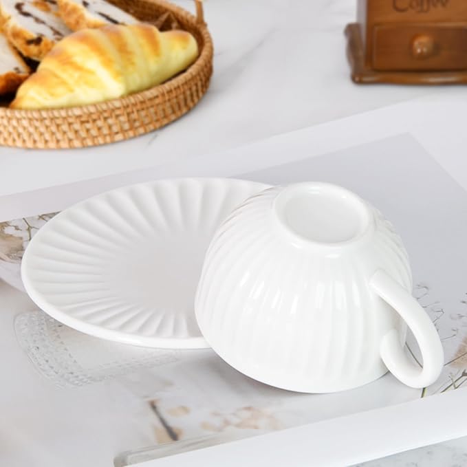 2 oz White Espresso Cups Set of 2, Ceramic Cappuccino Cups with Saucers, Durable Porcelain Tea Set & Modern Coffee Cup Collection, Coffee Lover Gifts