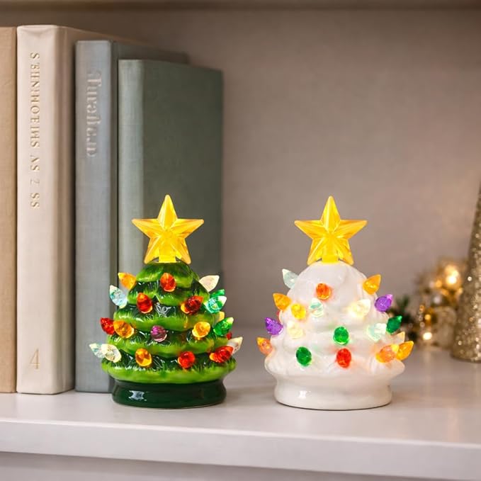 MOMENTS IN TIME Ceramic Christmas Tree Set of 2 Mini 3.5”H LED Light Up Tabletop Trees with Multicolor Bulbs & Star Topper, Battery Operated, Vintage Holiday Décor for Mantel Table or Desk