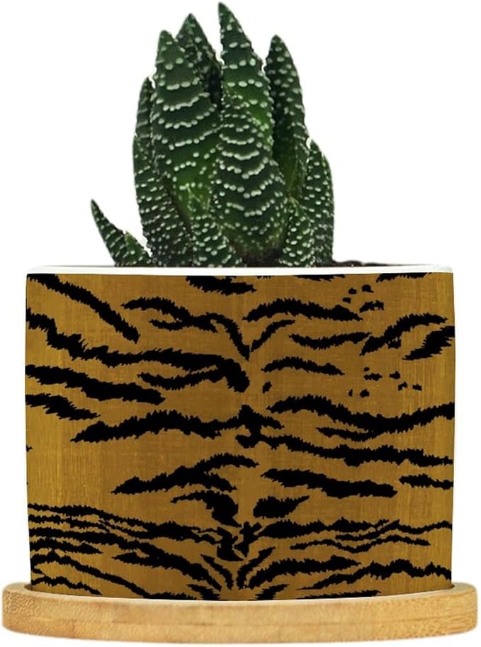 DreamAutumn Tiger Stripes Ceramic Flower Pots,Gardening Plant Pot with Drainage Holes and Saucers Round Ceramic Pots for Indoor Plants Succulent Herbs Cactus Pots for Dad Papa Grandpa