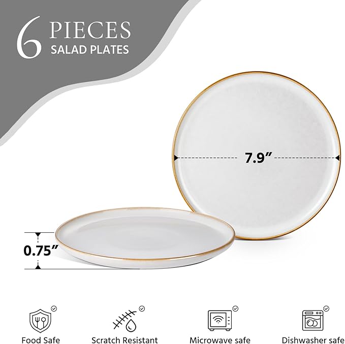 E-far 8” Ceramic Salad Plates Set of 6, Reactive Glaze Stoneware Dishes, Round Dessert Plate for Home Kitchen Restaurant, Microwave & Dishwasher Safe – Seashell White