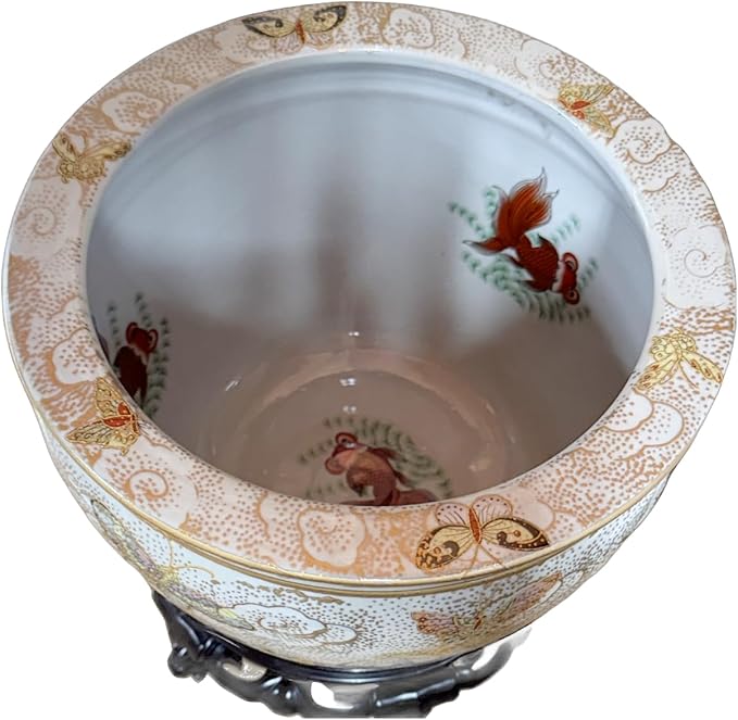 New 10" Diameter Oriental Colorful Butterfly ButterfliesThemed Fish Bowl Jardiniere Planter Plant Pot with Heavy Duty Acrylic Oriental Stand