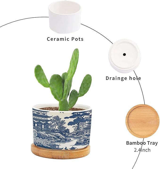 Planters Ceramic Chinoiserie Blue And White Porcelain Pattern Ceramic Pots with Drainage Holes Round Flowerpot Bamboo Tray Plant Pots for Succuelnt And Little Snake Plants Pots for Nana Grandma