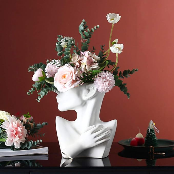 Ceramics Statue Flower Vase Face Pots Bust Head Shaped for Birthday Gifts Home Office Decoration (White)