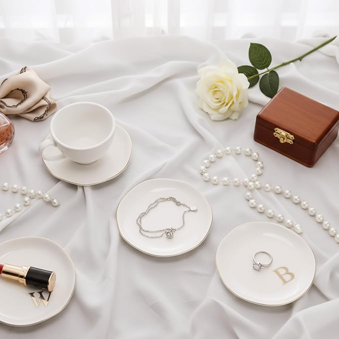 Shappy 12 Pcs Initial Ceramic Jewelry Tray with 26pcs Gold Copper Personalized Monogram, 4.5 Inch Decorative Trinket Dish Plate Bulk for Ring Earring Necklace for Women Wedding Birthday Gift(Round)