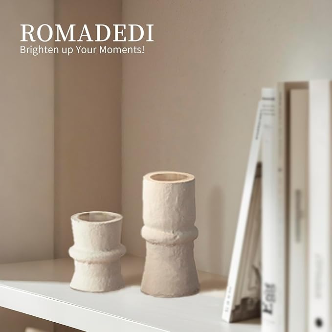 Romadedi Candlestick Holders Boho Decor: Taper Candle Holders Paper Mache for Living Room Modern Decorations White Candle Stick Dining Table Centerpiece Fireplace Home Decoration Beige
