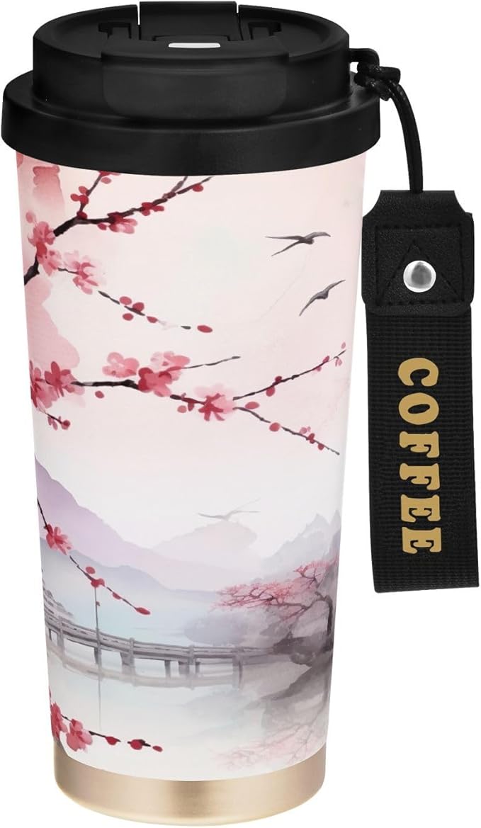 Asian Landscape Pink 17oz Insulated Coffee Mug with Dual-Function Lid, Ceramic Lined Travel Tumbler for Pure Taste, Stainless Steel Water Bottle with Straw, Fits Cup Holders