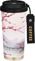 Asian Landscape Pink 17oz Insulated Coffee Mug with Dual-Function Lid, Ceramic Lined Travel Tumbler for Pure Taste, Stainless Steel Water Bottle with Straw, Fits Cup Holders