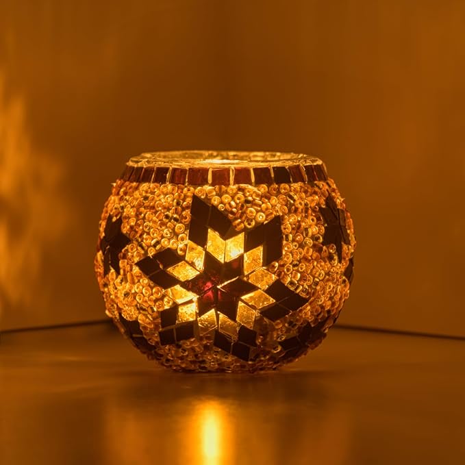 KAFTHAN Mosaic Glass Large Single Candle Holder - Round Bowl, Plant Pot, Votive Candle Holder - Decorative Vase & Unique Table Centerpiece for Wedding, Ball & Home - (3.7" x 3.5", Ecru Star)