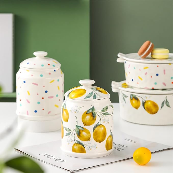 WAIT FLY Ceramic Tea Caddy Tea Canister Large Capacity Food Storage Jar Container for Tea, Coffee, Herb, Sugar, Spice, Nuts-Lemon-33 OZ