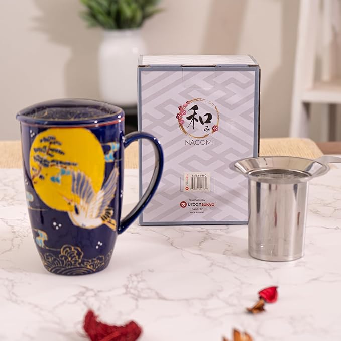 Urban Tokyo Tea Mug With Lid and Stainless Steel Infuser For Loose Leaf Tea Bag Tea Cup 15oz Porcelain Hot Beverage Everyday Use Home Office (Crane Moon)