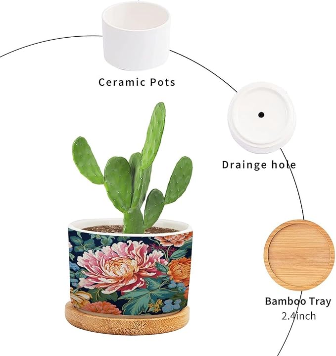 Bright and Chinoiserie Ceramic Planter Coral Peony Floral Snake Plant Live Indoor with Pot with Drainage Holes and Saucers Pot for Pots Outdoor Indoor Plants