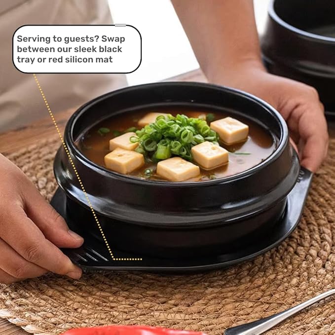 Korean Stone Pot Set (7-piece, 38.7oz with Hot Pot Grip), Ttukbaegi, Dolsot, Korean Soup Bowl, Ceramic Pots for Cooking, Soup Pot, Earthenware Claypot, Bibimbap, Ramen