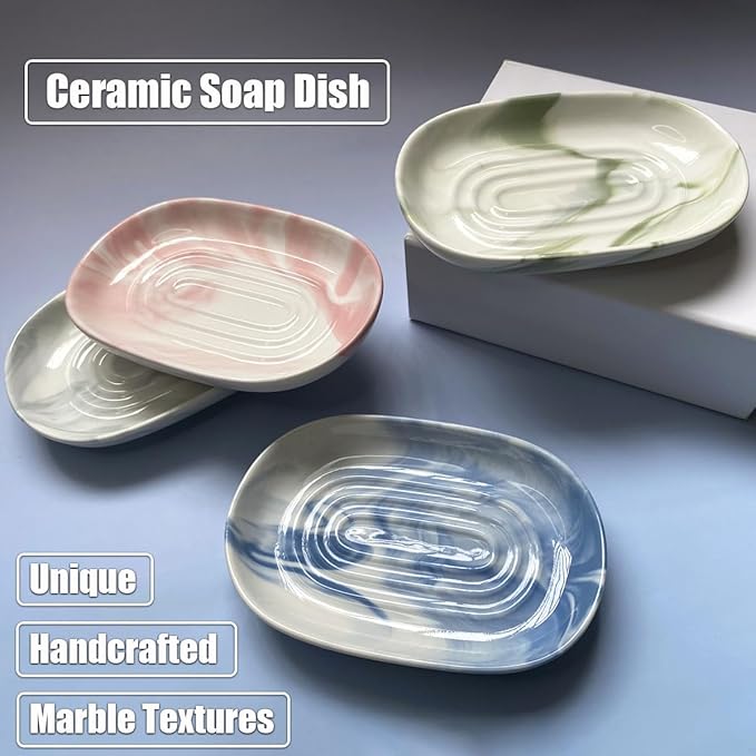 Soap Dish Ceramic, Decorative Ceramic Soap Holder with Unique Marble Textures, Bar Soap Holder for Shower, Bathroom, Kitchen, Tubs, Sink, Hotels, Counters (Pink Texture)