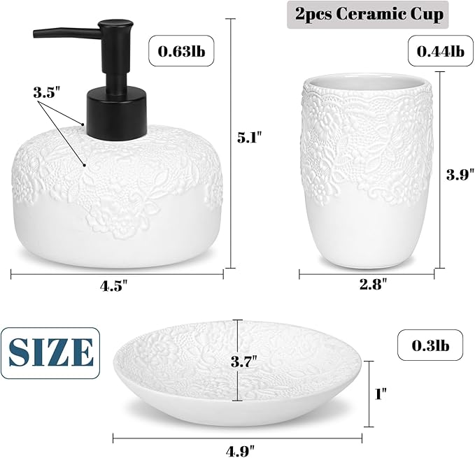 Bathroom Accessories Set, 4pcs Ceramic with Embossed Design Look Sets Bathroom Soap Dispenser 13.5oz & 2Pcs Ceramic Cup, 1Pcs Soap Dish