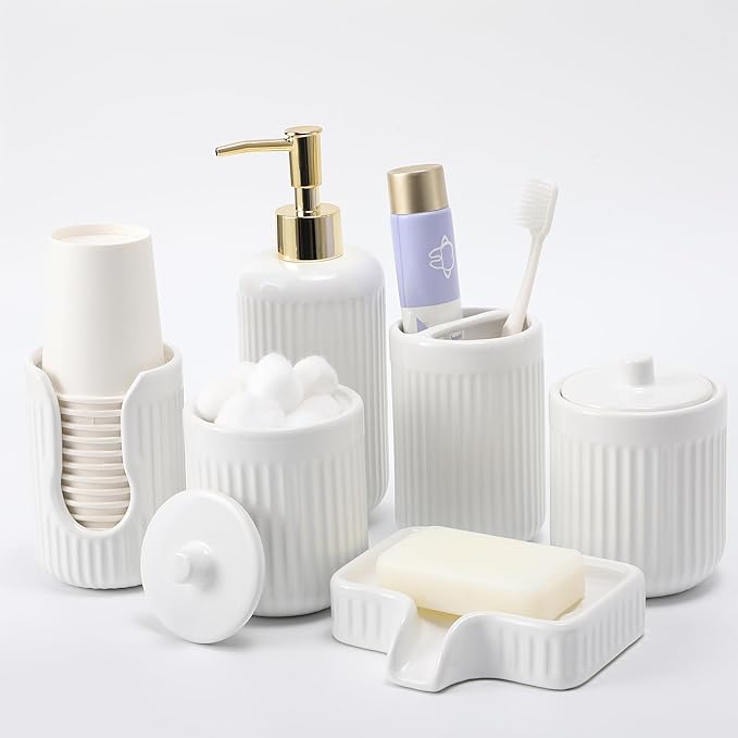 Ceramic Bathroom Accessories Set of 6 White, Soap Dispenser, Toothbrush Holder, Cup Holder, Soap Dish, 2 Qtip Holder, Countertop Vanity Organizer, Bathroom Accessory Set (White, Comb B)