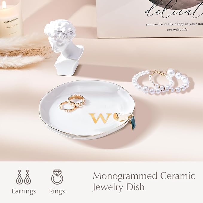 ProCase Ceramic Jewelry Tray, Initial Ring Dish Trinket Plate Engagement Gift, Small Personalized Monogram Ring Bowl for Wedding, White Decorative Jewelry Holder for Women Vanity -Letter W