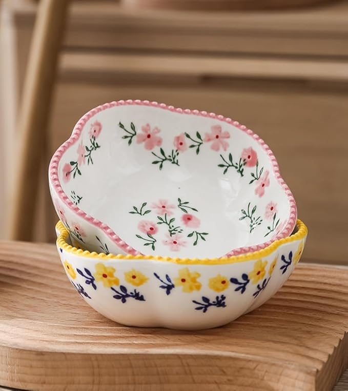 2 Pack 8 OZ Small Floral Candy Dish Ceramic Flower Candy Bowl Cute Ceramic Bowls for Dessert,Snack,Fruit,Yogurt,Ice Cream,Cereal,Dipping Sauce,Side Dishes,Microwave Freezer Safe
