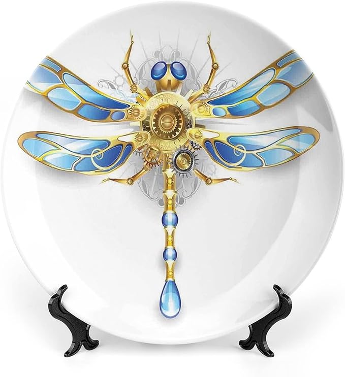 XISUNYA 10 Inch Decorative Plate, Dragonfly Ceramic Stoneware, Close Up View of Mechanical Dragonfly with Multifaceted Eyes Print Ceramic Wall Hanging for Home Office Party Dinner Table Decor