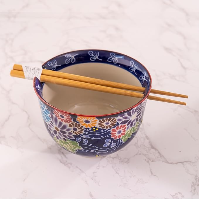 Urban Tokyo Handpainted Ceramic Glazed Japanese Ramen Udon Noodle Rice Bowl With Chopsticks 20 fl oz 5 inch Diameter Bowl Sets Color Box Packaging (Floral Assortment)