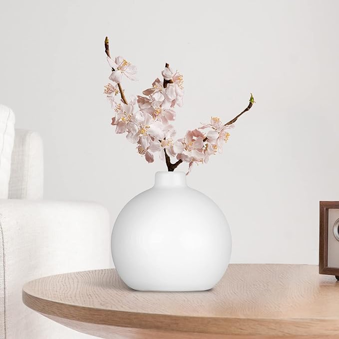 Ceramic Vase Small White Vase- Flower Vases for Home Decor, Dry Flower Vases for Modern Farmhouse, Living Room Decoration, Table Décor, Bookshelf, Mantle, Entryway (White)