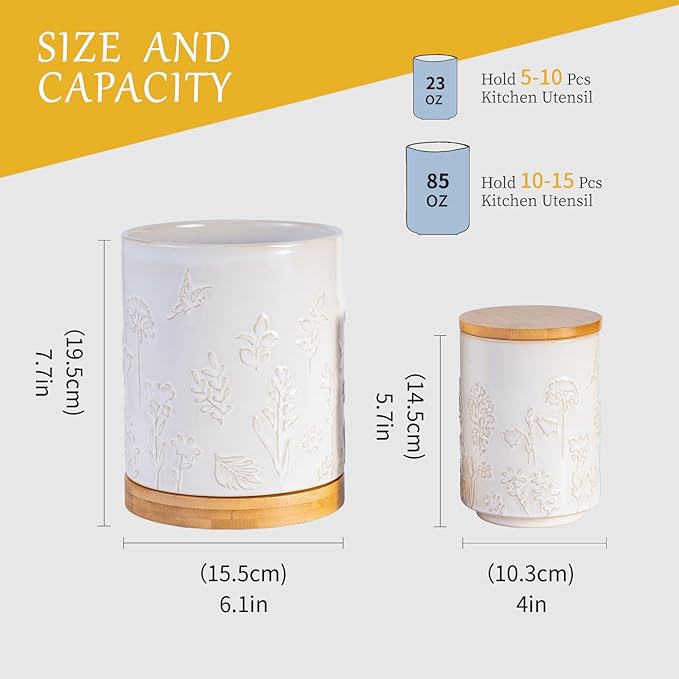 TEATALK Ceramic Utensil Holder Set, 360° Rotating Organizer for Countertop, Farmhouse Vintage Style, Large and Small Crocks in White Garden Pattern，7.7"+5.7"
